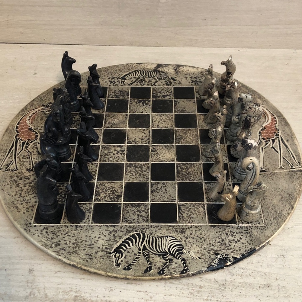 Vintage Soapstone Chess Set Handmade in Kenya 12” Diameter Chess Board Pls Read